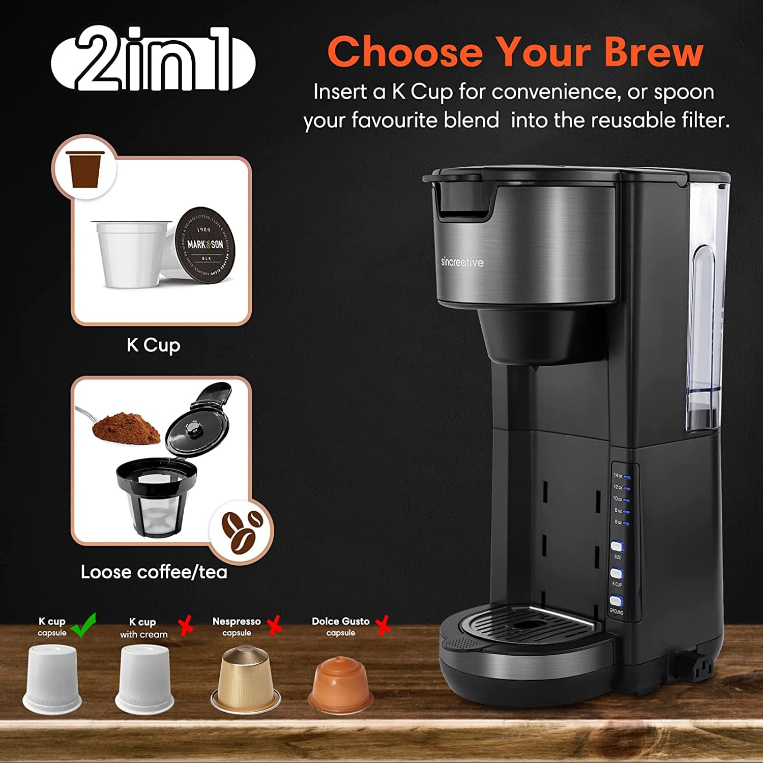 Our slim single-serve coffee maker doesn't skimp on taste! Get all the rich coffee flavor you expect, in an ultra-sleek design. Brew your own coffee or tea by filling the reusable filter or pop a K-Cup capsule into the chamber. Delicious foam and creamy milk is also at your fingertips with the handy frothing tools. This easy-to-use coffee maker will simplify your coffee routine. It's the small machine that opens up the whole world of Sin coffee.